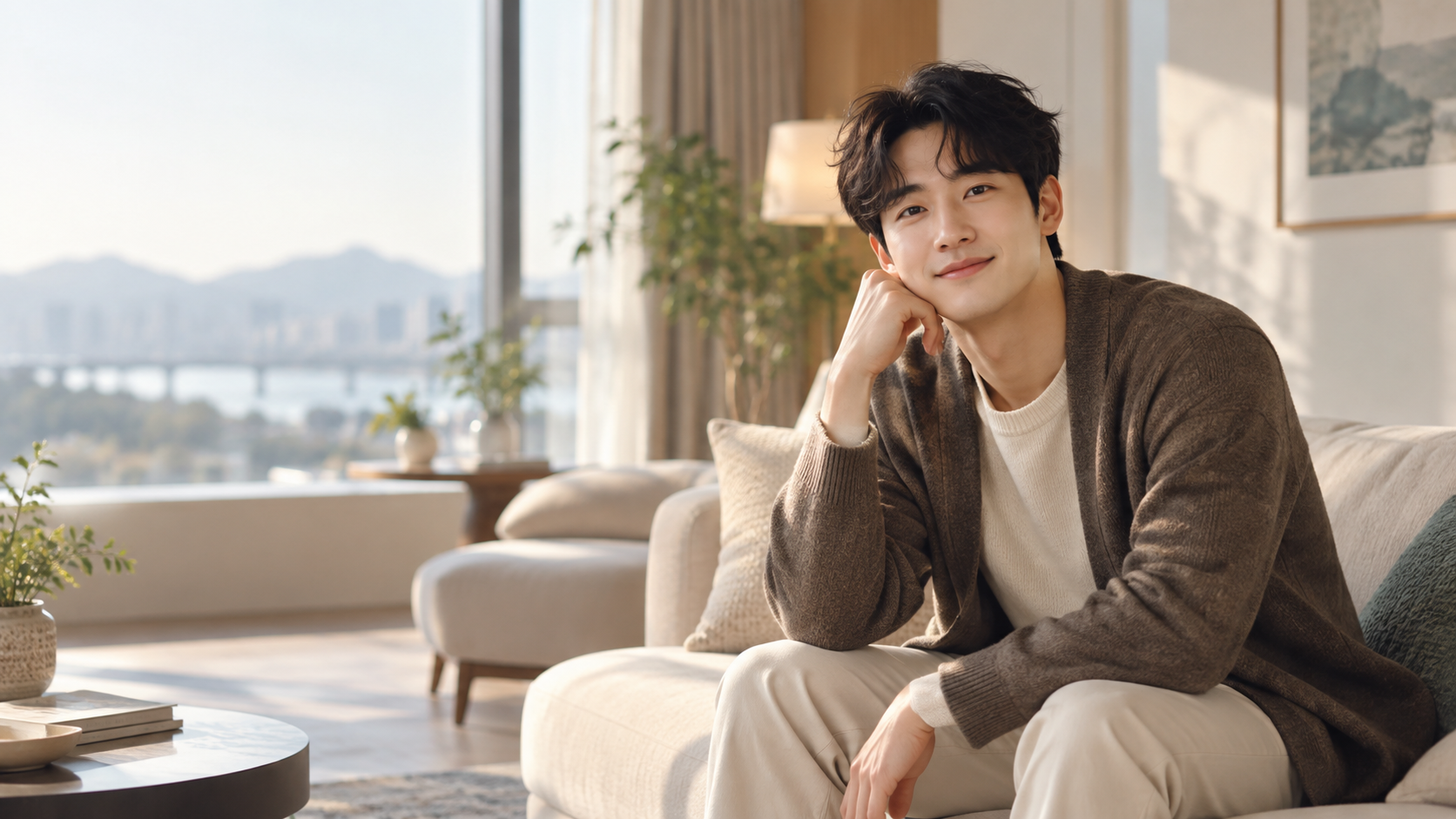 차분한 실내에서 편안하게 앉아 있는 성인 남성 모델